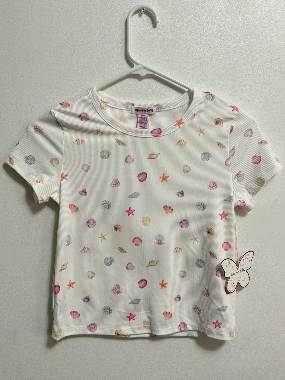 Girls' White Short Sleeve Tee with Colorful Seashell Print